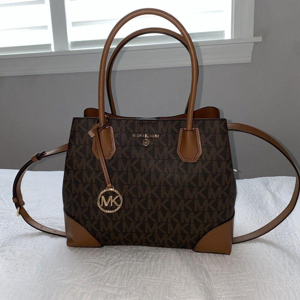 NWT Michael Kors Mercer Gallery Medium Center Zip MK Logo Tote Bag brown/acorn